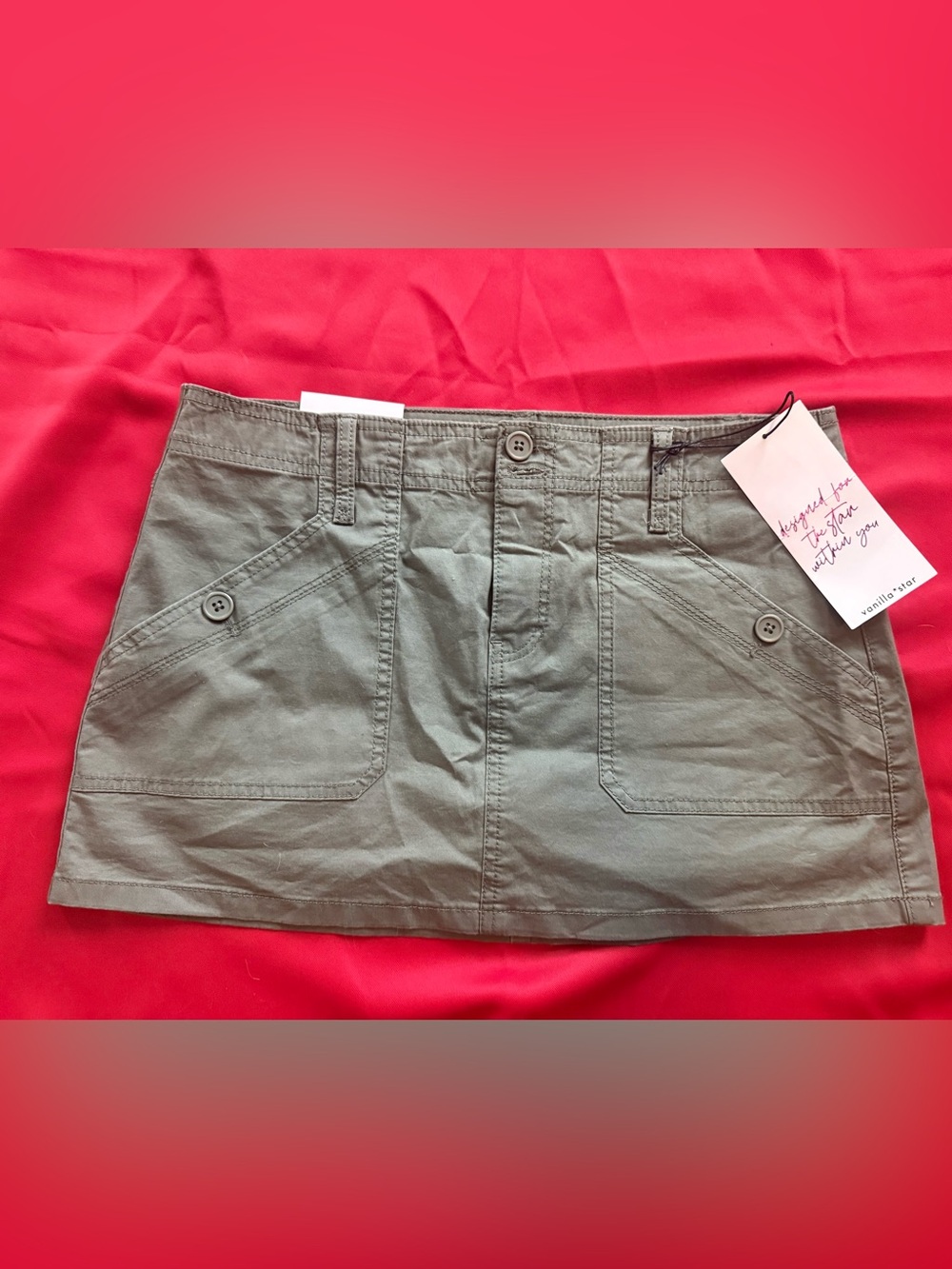Vanilla Star Olive Green Cargo Utility Mini Skirt with Buttoned Front Pockets